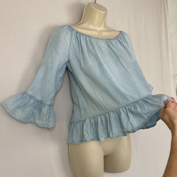 Sanctuary Top Womens XS Chambray Denim Ruffled Boho Bell Sleeve Feminine Blue - Picture 3 of 10